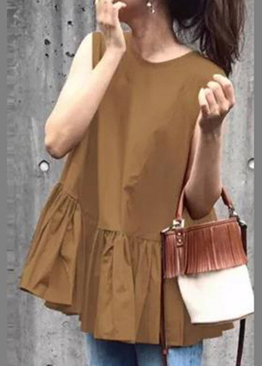 Women Camel O-Neck Ruffled Patchwork Solid Tops Summer