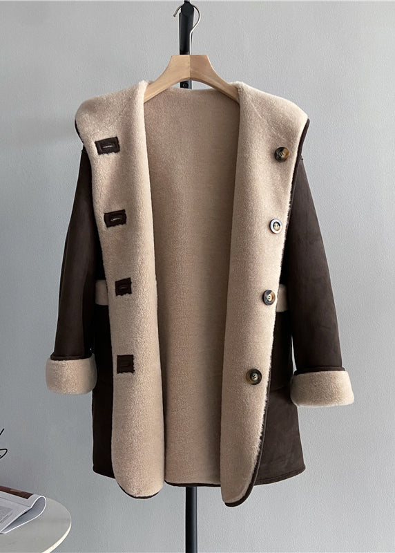 Women Chocolate Button  Woolen Hoodie Coat Wear On Both Sides Winter