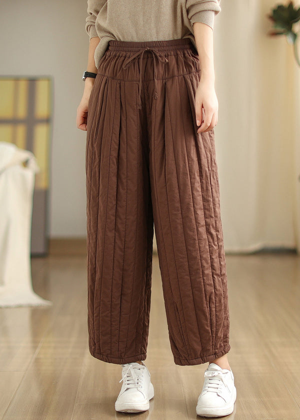 Women Coffee Cinched Pockets Patchwork Fine Cotton Filled Pants Winter