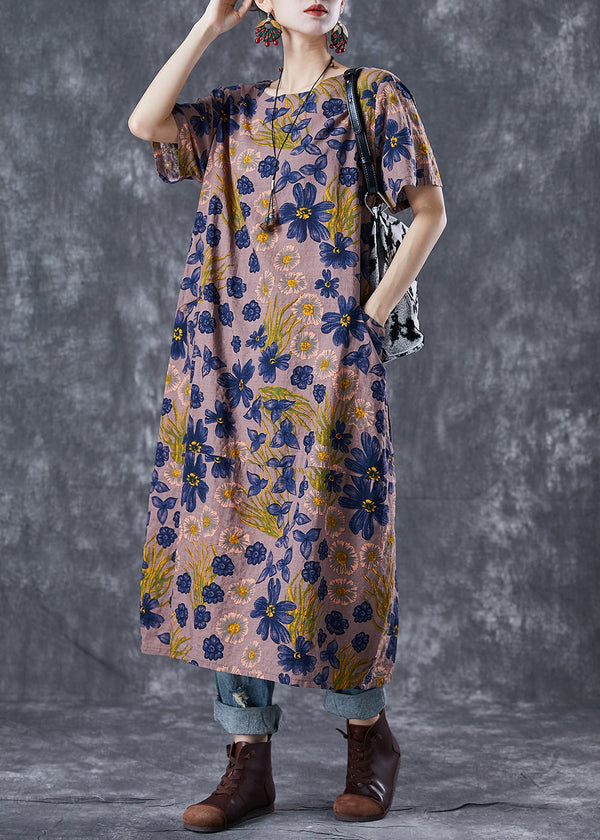 Women Coffee O-Neck Floral Print Linen Long Dress Summer