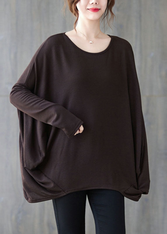 Women Chocolate O-Neck Oversized Cotton Shirt Top Batwing Sleeve