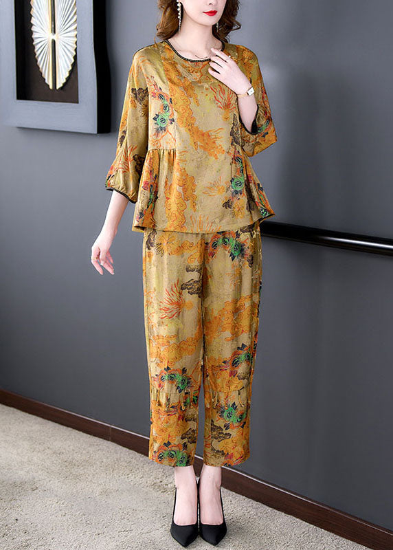 Women Coffee Print Wrinkled Tops And Pants Silk Two-Piece Set Summer