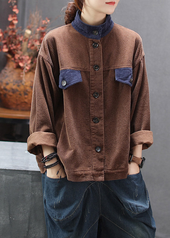 Women Chocolate Stand Collar Patchwork Corduroy Coats Spring