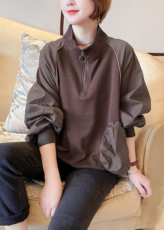 Women Chocolate Stand Collar Patchwork Zippered Sweatshirts Long Sleeve