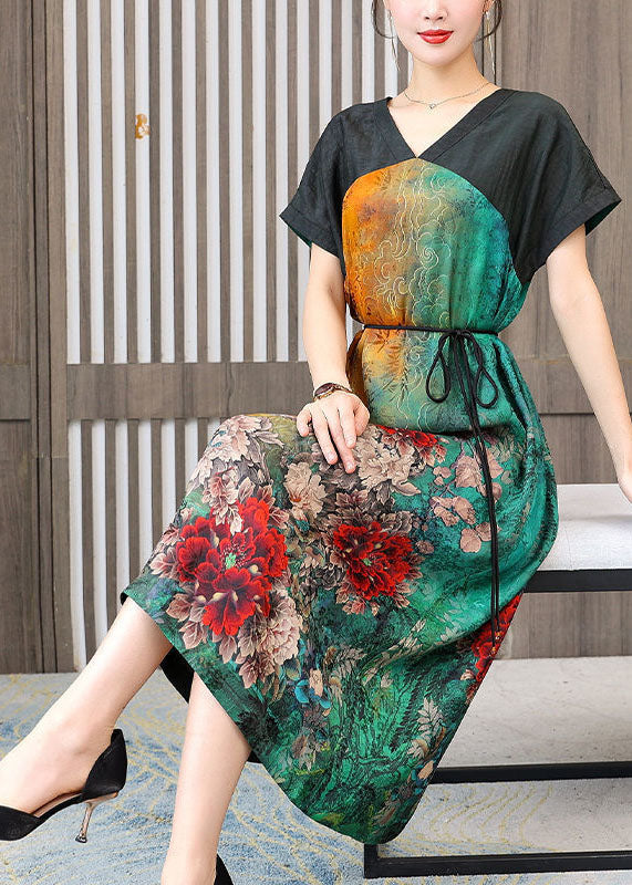 Women Colorblock V Neck Patchwork Floral Silk Dress Summer