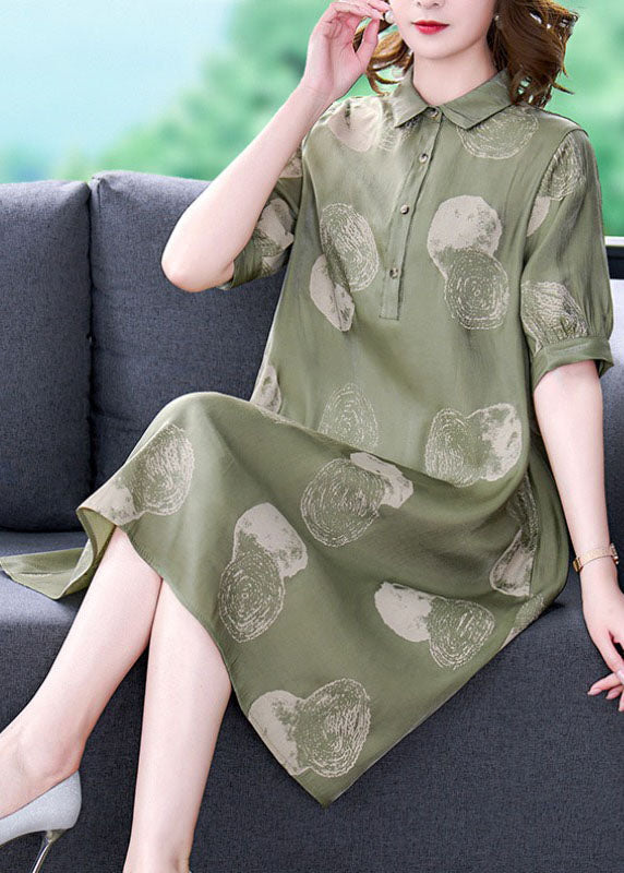 Women Dousha Green Peter Pan Collar Print Patchwork Silk Dresses Summer