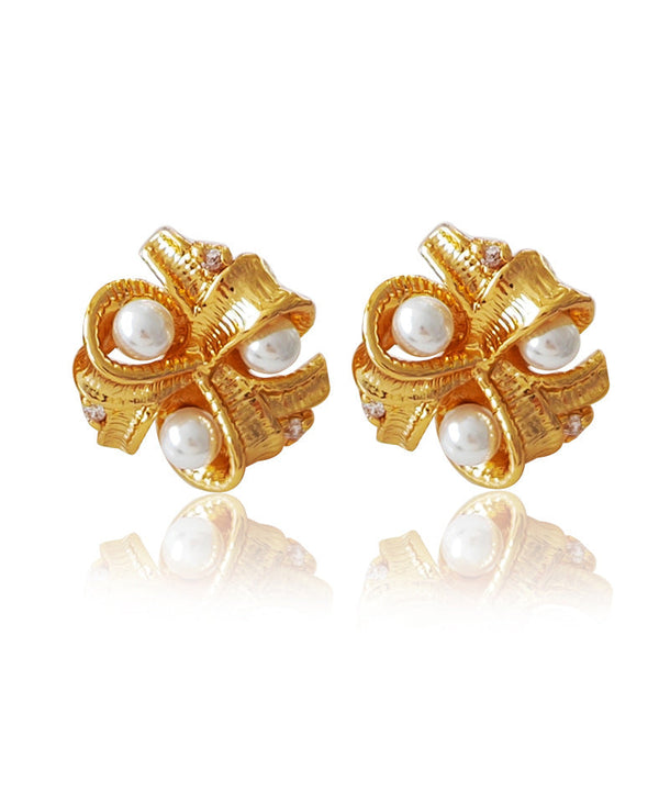 Women Gold Copper Pearl Glass Stud Earrings