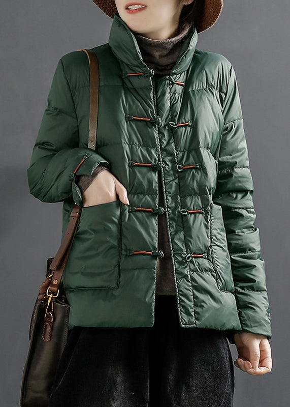 Women Green Button Pockets Duck Down Coats Long Sleeve