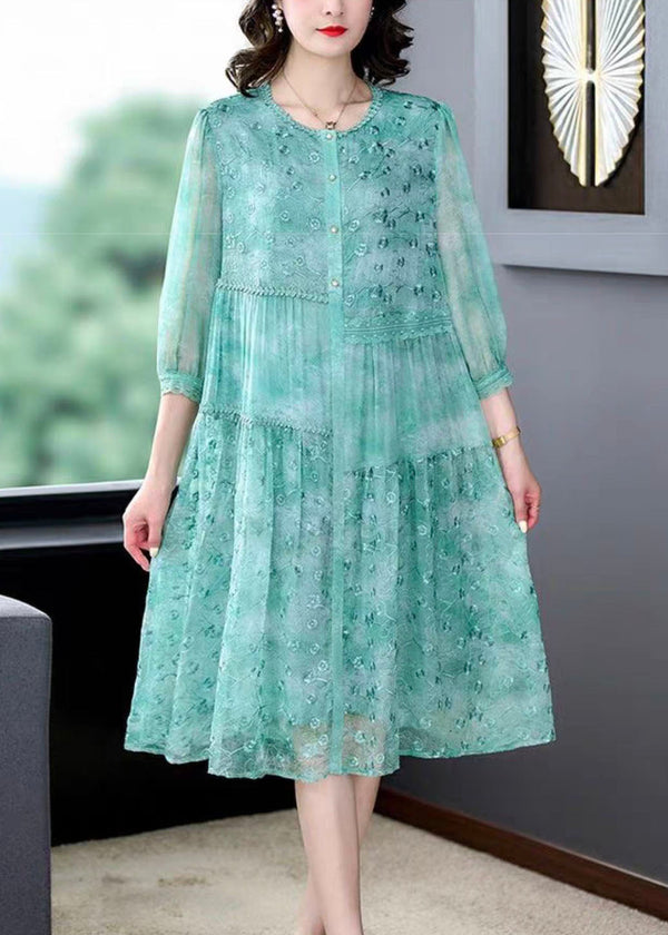 Women Green Embroidered Patchwork Silk Mid Dress Summer