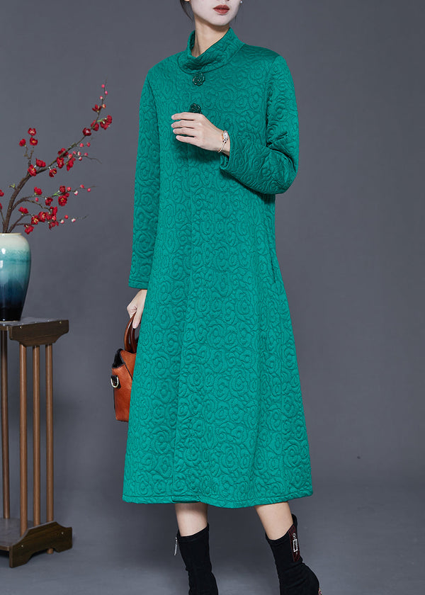 Women Green High Neck Jacquard Cotton Long Dress Spring