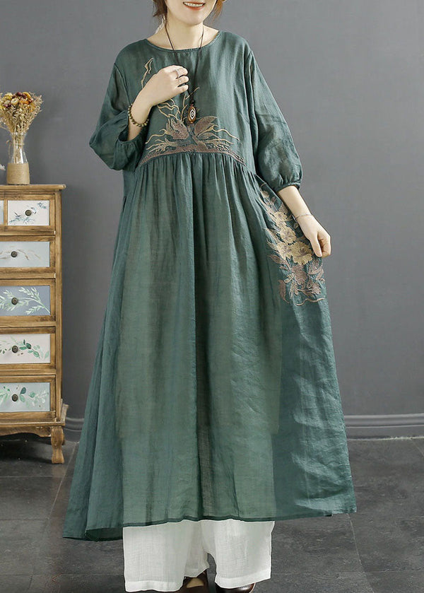 Women Green O-Neck Embroidered Patchwork Linen Long Dresses Bracelet Sleeve