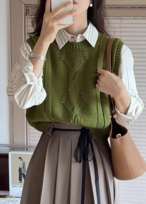 Women Green O Neck Patchwork Cozy Cotton Knit Waistcoat Sleeveless