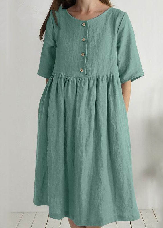 Women Green O Neck Pockets Wrinkled Patchwork Linen Dress Summer