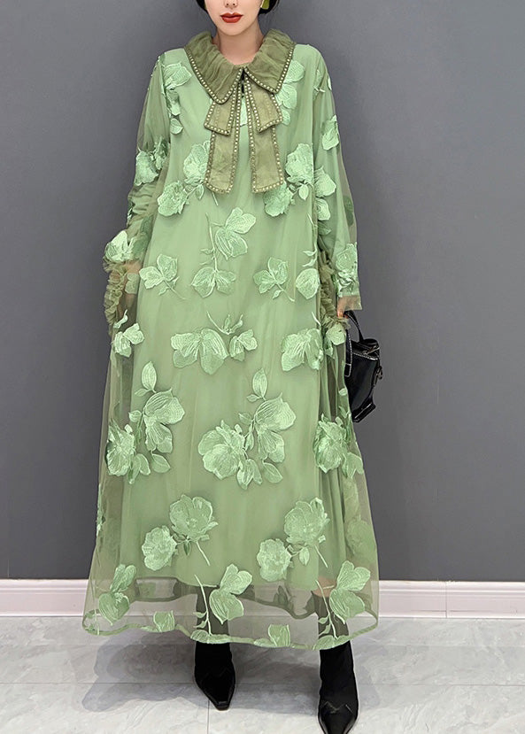 Women Green Peter Pan Collar Embroidered Patchwork Tulle Long Dresses Long Sleeve