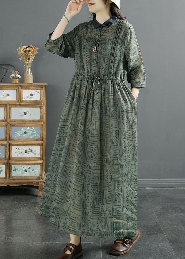 Women Green Peter Pan Collar Wrinkled Print Patchwork Linen Dress Summer