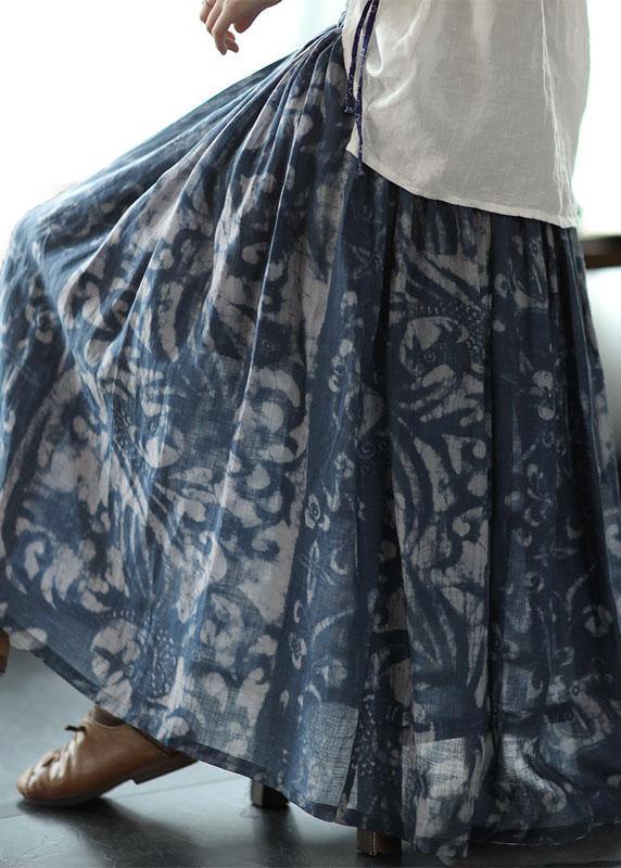 Women Navy Print Ramie Elastic Waist Skirt