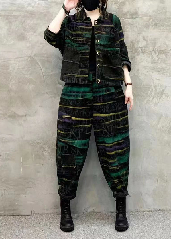 Women Green Print Tops And Pants Denim Two Piece Set Fall