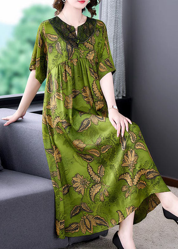 Women Green Print Wrinkled Patchwork Silk Long Dress Summer