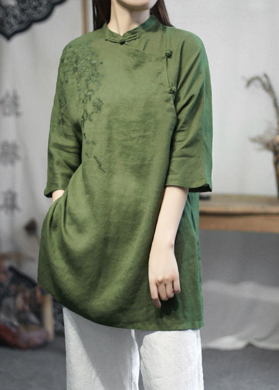 Women Green Stand Collar Embroidered Linen Tops Half Sleeve