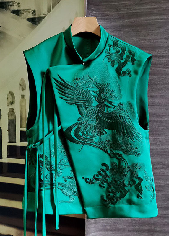 Women Green Stand Collar Embroidered Patchwork Silk Vest Sleeveless