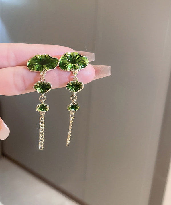 Women Green Sterling Silver Alloy Louts Tassel Drop Earrings