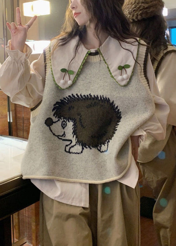 Women Grey O-Neck Animal Print Cotton Knit Waistcoat Fall