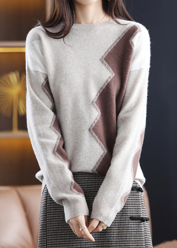 Women Grey O Neck Asymmetrical Patchwork Wool Sweaters Fall