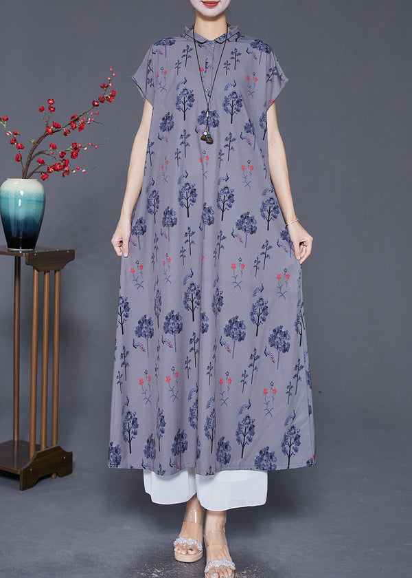 Women Grey Peter Pan Collar Print Silk Long Dress Summer