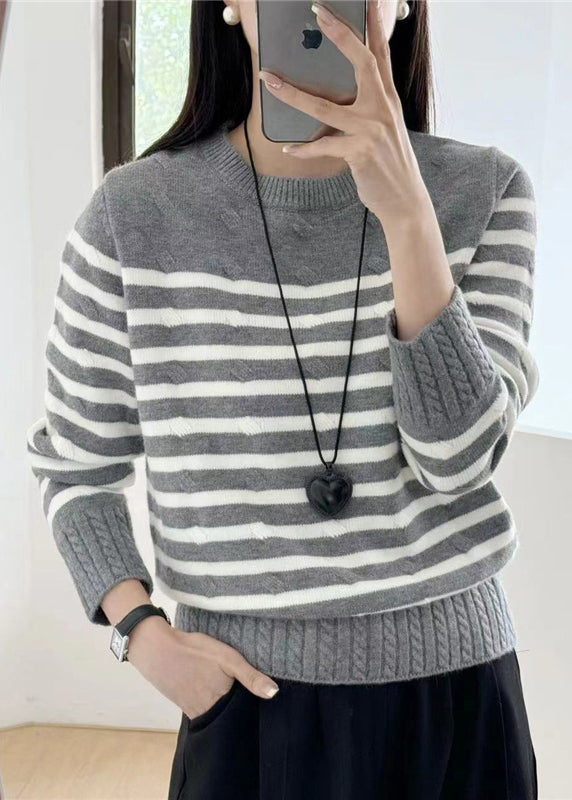 Women Grey Striped Cozy Knit Sweaters Fall