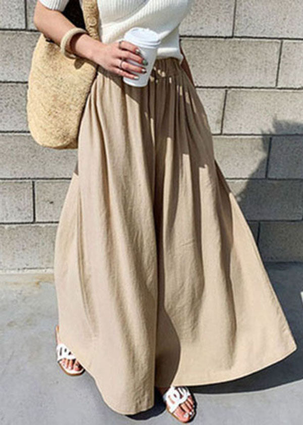 Women Khaki Elastic Waist Solid Color Cotton Wide Leg Pants Summer