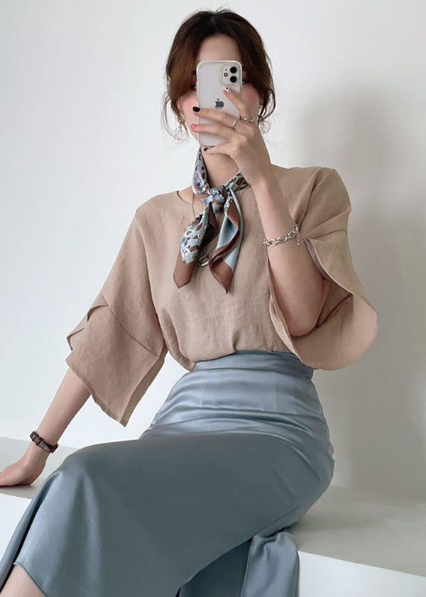 Women Khaki O-Neck Slim Fit Linen Shirt Top Butterfly Sleeve