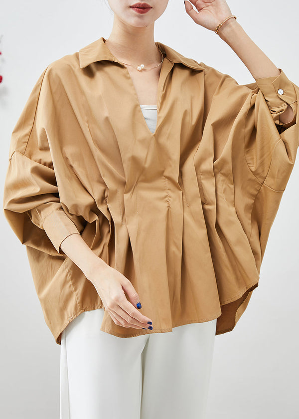 Women Khaki Oversized Wrinkled Cotton Shirts Batwing Sleeve