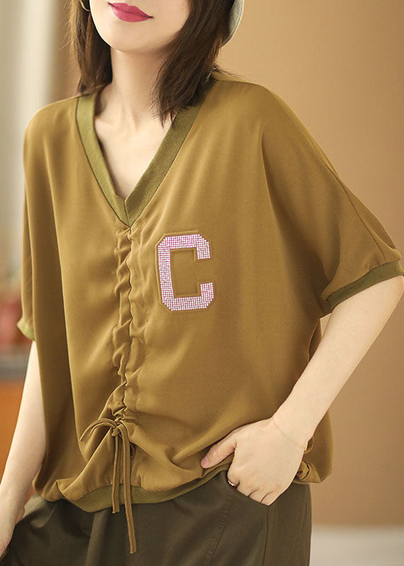 Women Khaki V Neck Drawstring Letter Blouse Tops Short Sleeve