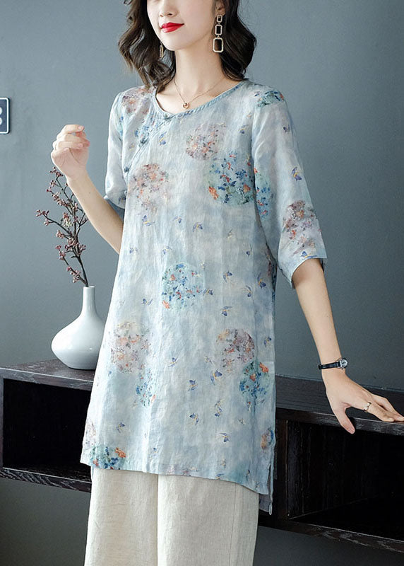 Women Light Blue Print Patchwork Linen Two Pieces Set Summer