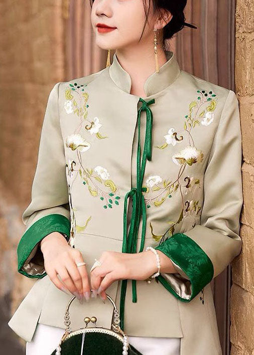 Women Light Green Embroidered Lace Up Silk Coat Spring