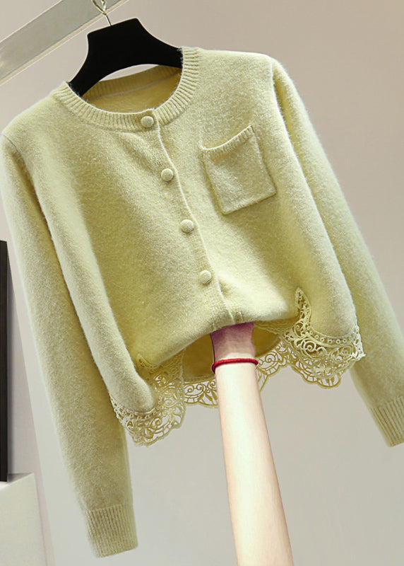 Women Light Green O-Neck Lace Patchwork Cotton Knit Sweaters Winter