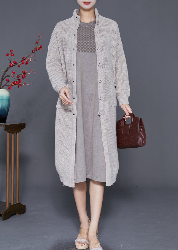 Women Light Grey Button Down Warm Knit Coats Fall