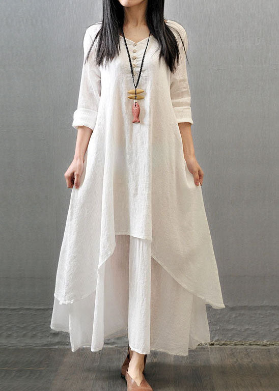 Women Long Sleeve Double Layers Button Asymmetric Vintage Maxi Dress