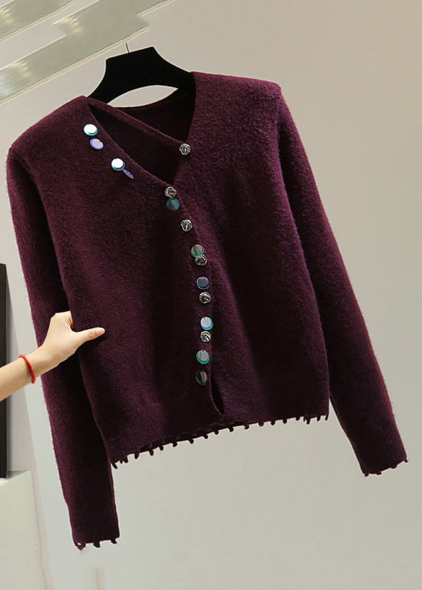 Women Mulberry V Neck Asymmetrical Sequins Cotton Knit Sweaters Winter