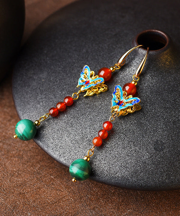 Women Multicour Cloisonne Malachite Bow Drop Earrings