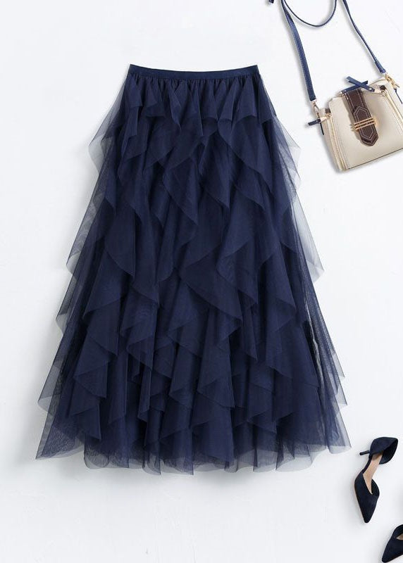 Women Navy Asymmetrical Patchwork Tulle Skirts Spring