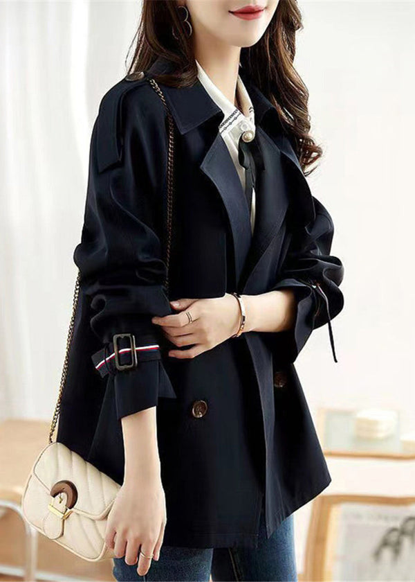 Women Navy Double Breast Pockets Patchwork Cotton Coats Fall