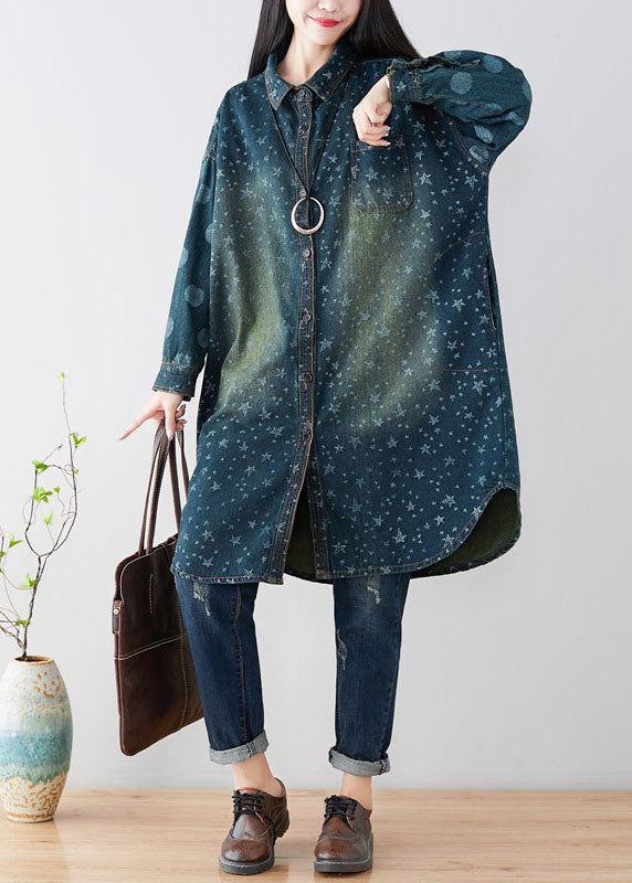 Women Navy Peter Pan Collar Oversized Print Cotton Trench Coats Spring