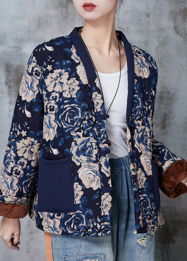 Women Navy Print Chinese Button Warm Fleece Coat Spring