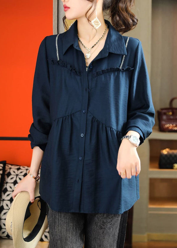 Women Navy Ruffled Patchwork Wrinkled Cotton Shirt Top Summer