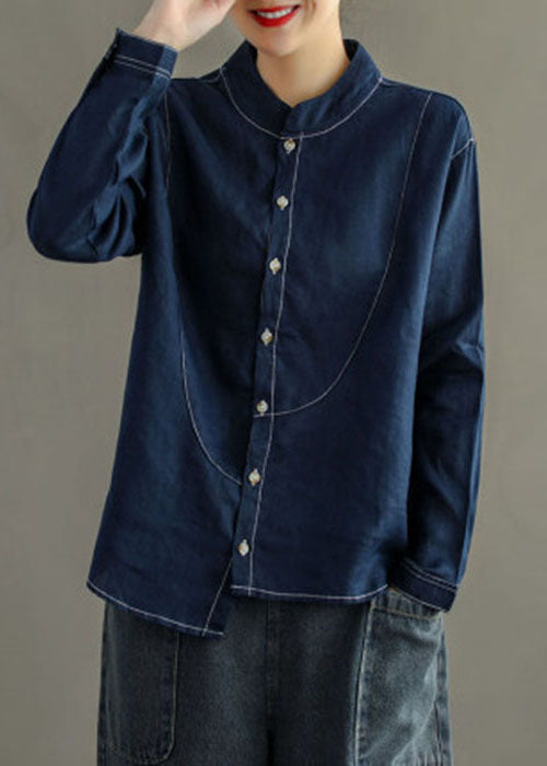 Women Navy Stand Collar Asymmetrical Patchwork Linen Shirt Top Long Sleeve