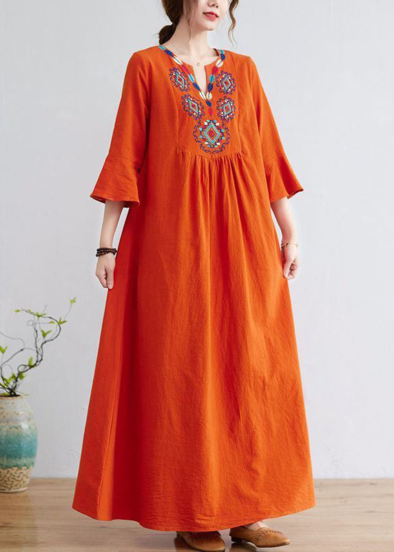 Women Orange Embroidered Wrinkled Cotton Maxi Dress Bracelet Sleeve