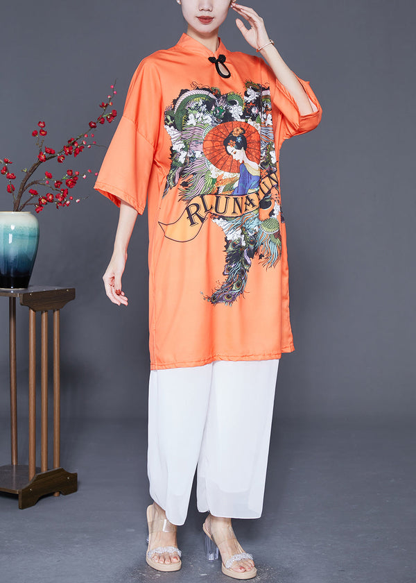 Women Orange Mandarin Collar Chinese Button Silk Dress Summer