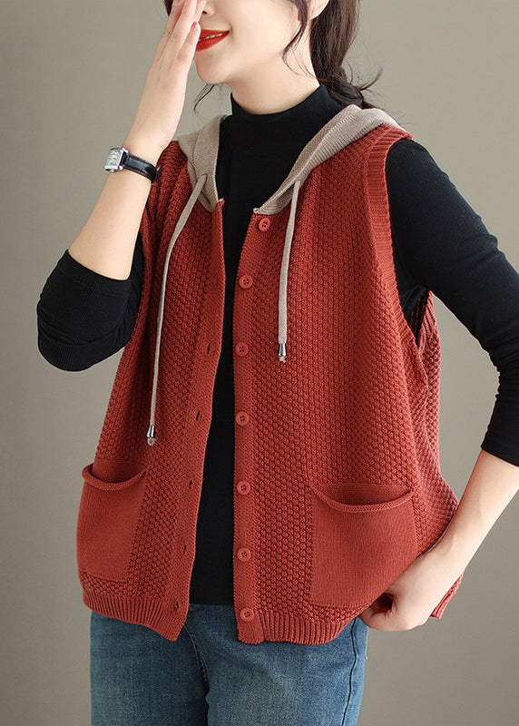 Women Orange Red Hooded Button Cotton Knit Waistcoat Sleeveless