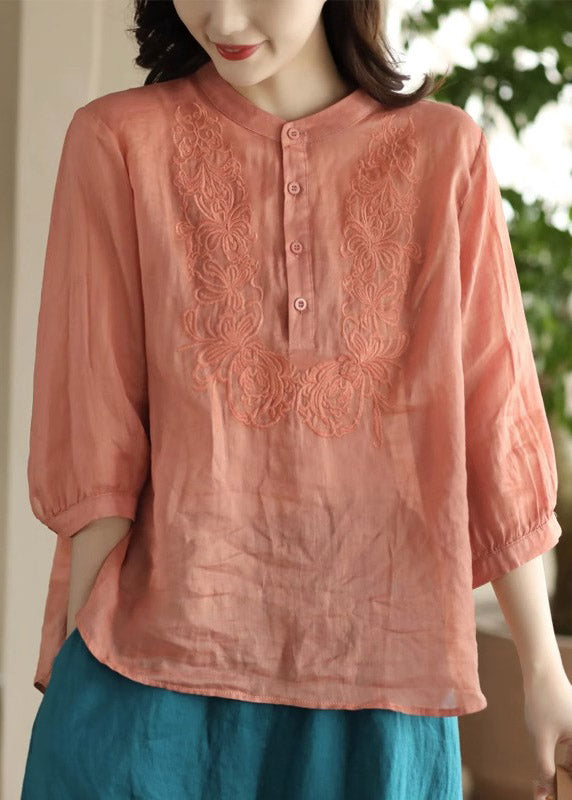 Women Orange Stand Collar Embroidered Floral Shirt Long Sleeve